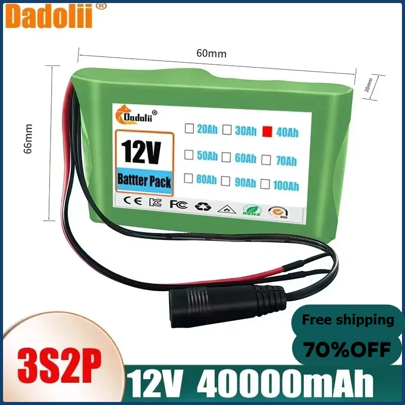 

18650 12V 40000mah Original 3S2P Lithium Ion Battery DC 12.6V 40Ah Rechargeable CCTV, Camera Monitor Replacement Battery+Charger
