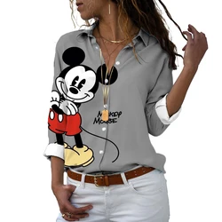 Disney novo 2024 harajuku fino ajuste 3d impresso botão até manga longa lapela mickey minnie casual bonito camisa y2k