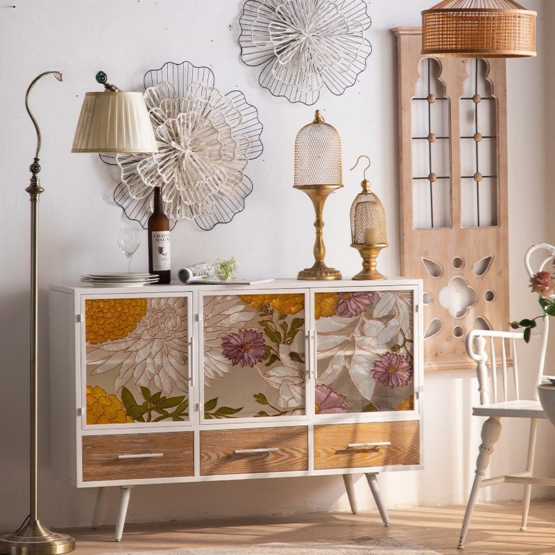 

American painted glass entrance cabinet French cream style living room wall storage cabinet wrought iron white chest of drawers