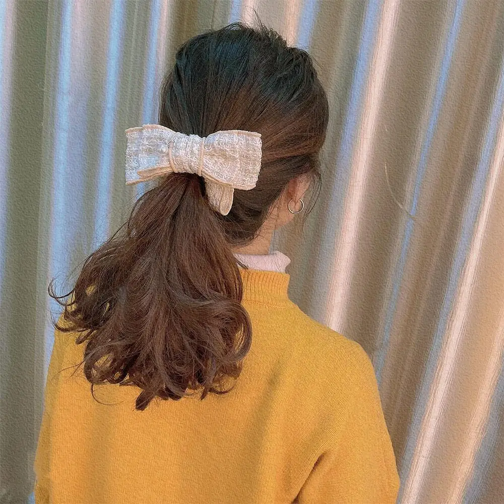 Sweet Temperament Lattice Women Girls Banana Clip Vertical Clip Bow Hairpin Ponytail Holder