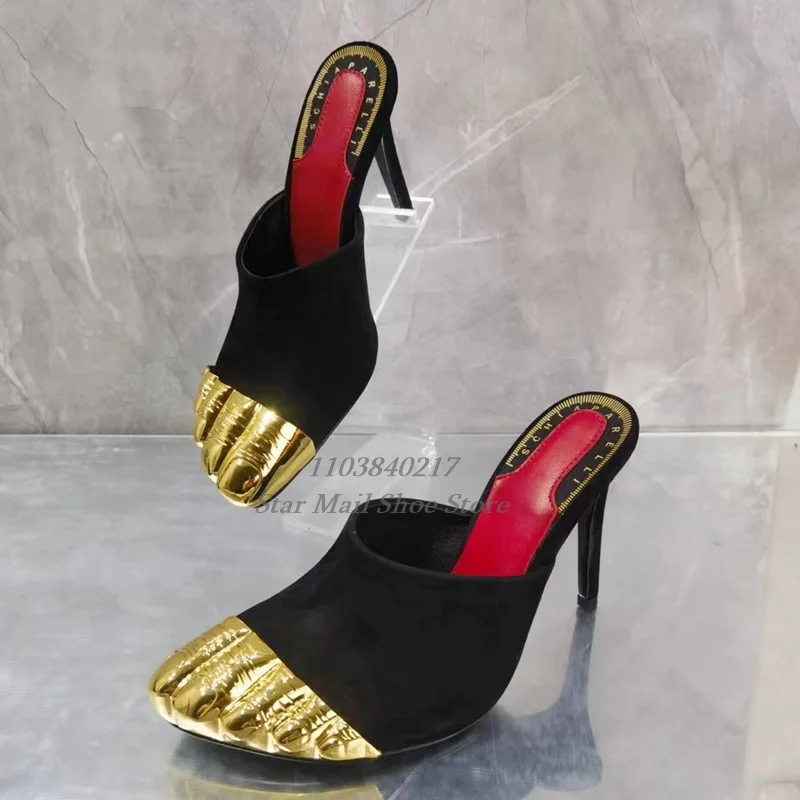 Pointed Toe Gold Thumb Slipper Luxurious Black and Gold Spliced ​​Material Stiletto Heel Casual High Heel Slippers Strange Style