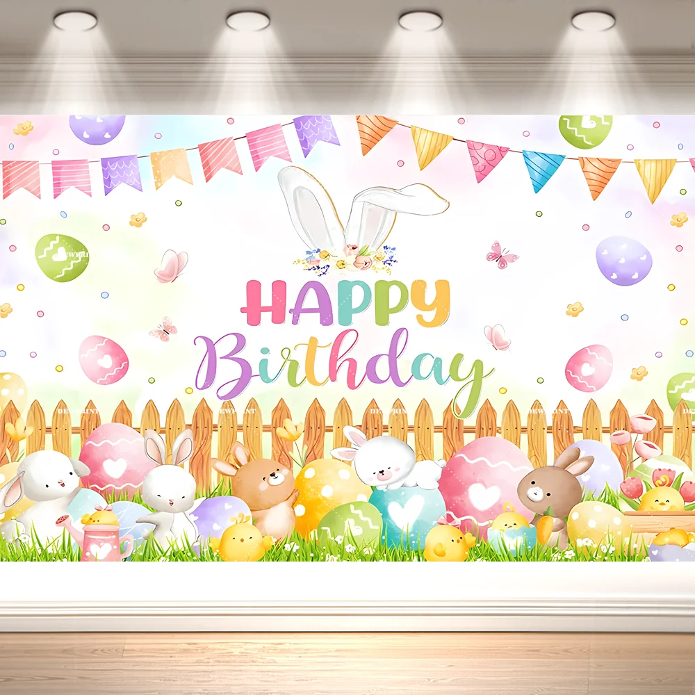 Dewprint Cute Rabbit Happy Birthday Backdrop Triangle Flag Bunting Grass Butterfly Easter Toddler Girls Wall Banner Supplies