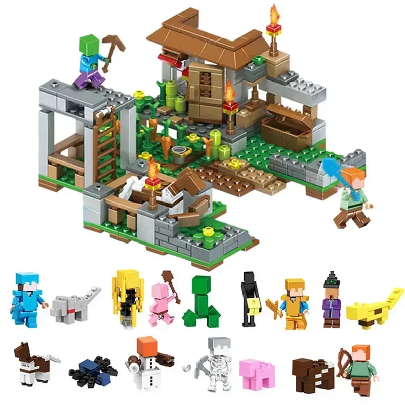 Figurines d'action compatibles avec My World Village, maison de village, cheval de guerre, ville, Steve, blocs de construction, jouets cadeaux pour enfants, 16