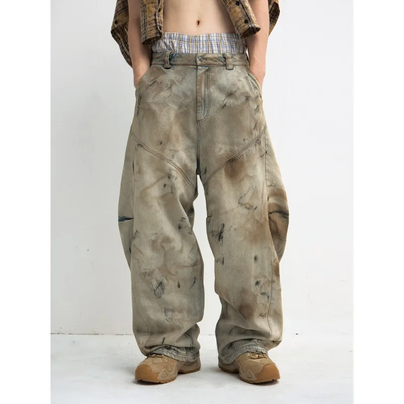 2026 New Men's Mud Dyed Baggy Wide Leg Jeans American Vintage Washed Patchwork Y2k Streetwear High Street Hip Hop Denim Pants