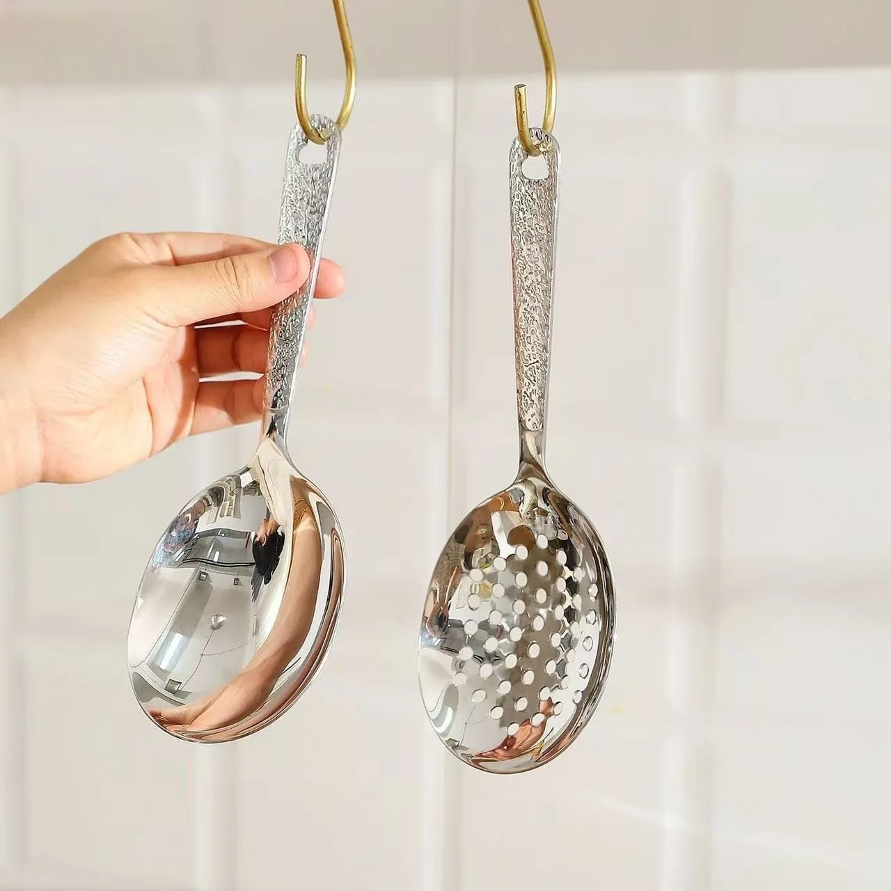 Stainless Steel Hammer Patterned Short Handled Soup Ladle Leaky Spoon Restaurant Shared Scoop Leaky Spoon Vermicelli Flour Scoop