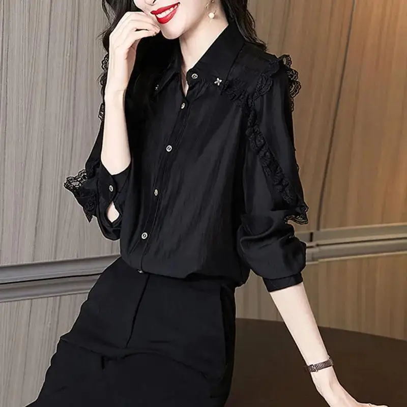 Elegant Lace Spliced Lapel Button Oversized Chiffon Shirt 2022 Autumn New Casual Tops Loose Commute Women\'s Clothing Blouse