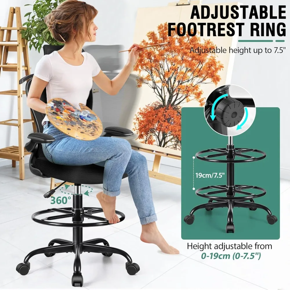 

Office Drafting Chair, Tall Office Chair with 3D Lumbar & Head Support, Ergonomic Mesh Standing Desk Chair with Footring, Comfy