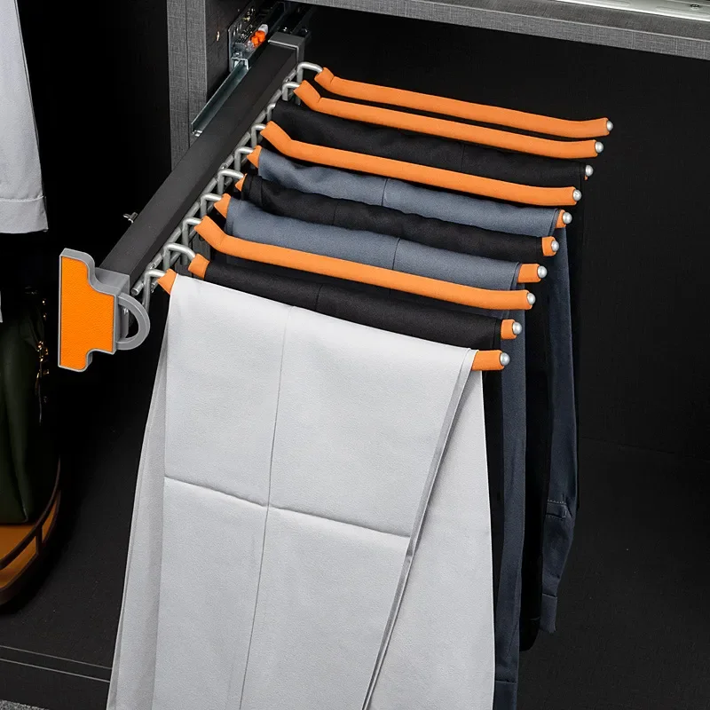 Telescopic Pants Rack Pull Out Drawer Slide Rail Wardrobe Organizer Top Mount Side Install Damping Hardware Basket For Closet