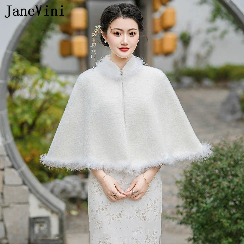 

JaneVini 2025 Ivory Fur Wedding Bolero Bridal Shawl Cloak Women Bride Party Capes Wrap Shrug Stole Accessories Cape Mariée Femme