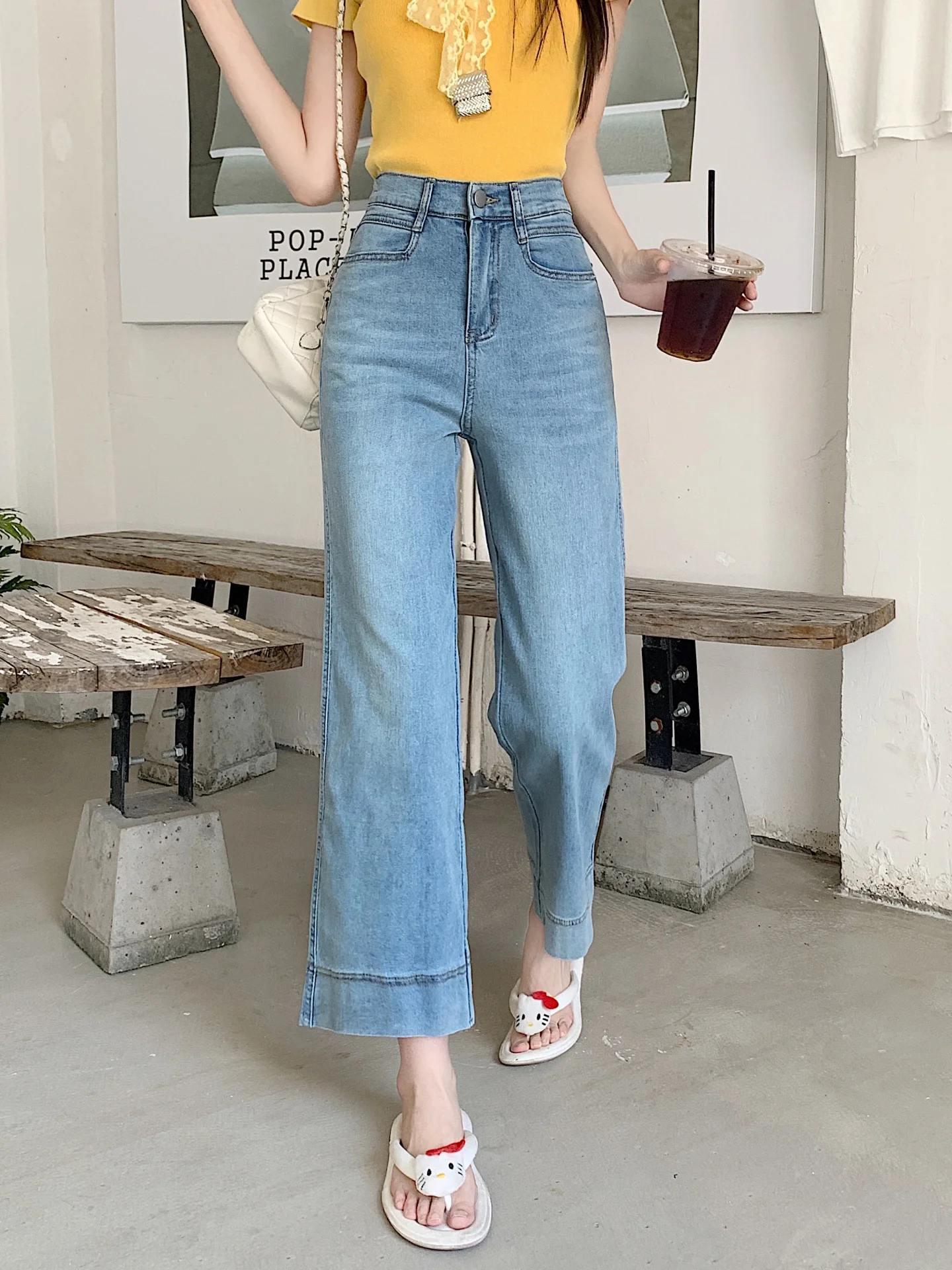 Niebieskie jeansy damskie z prostymi nogawkami, cienkie spodnie z szerokimi nogawkami, wysoki stan, wyszczuplające, zwiewne, długość 7/8, obcisła wersja, casualowe, dżinsowe.