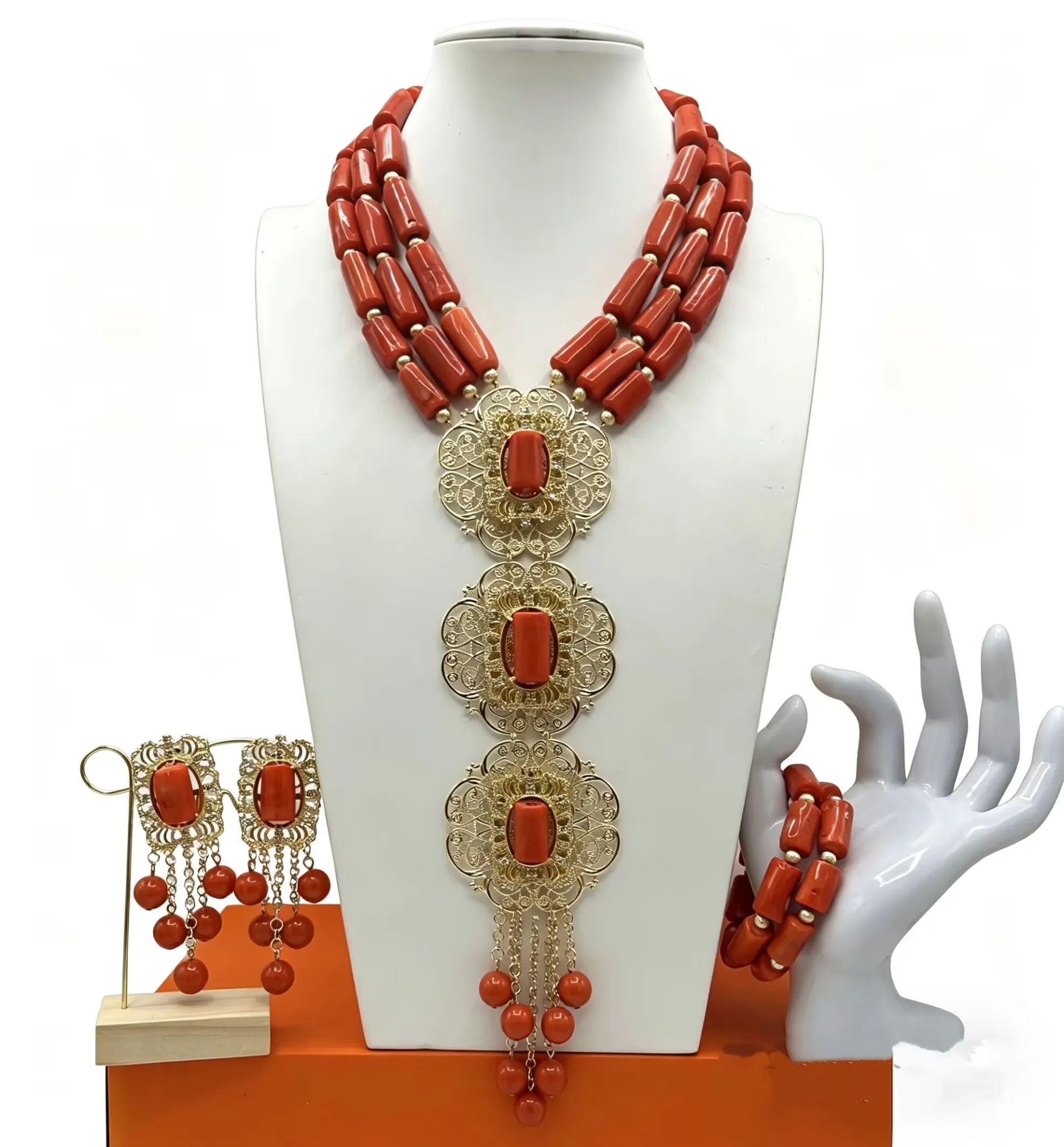 

african fashion real coral beads jewlery set bridal gold planted jewelry set