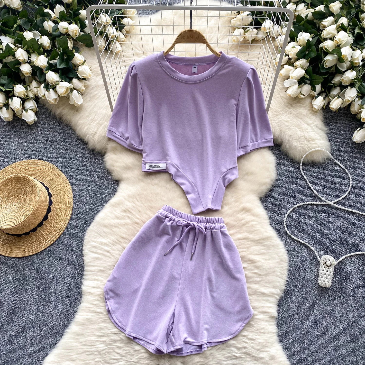 

Foamlina Women Irregular Bubble Sleeve Round Neck T-shirt Top + Versatile Wide Leg Casual Pants for Street School Sport