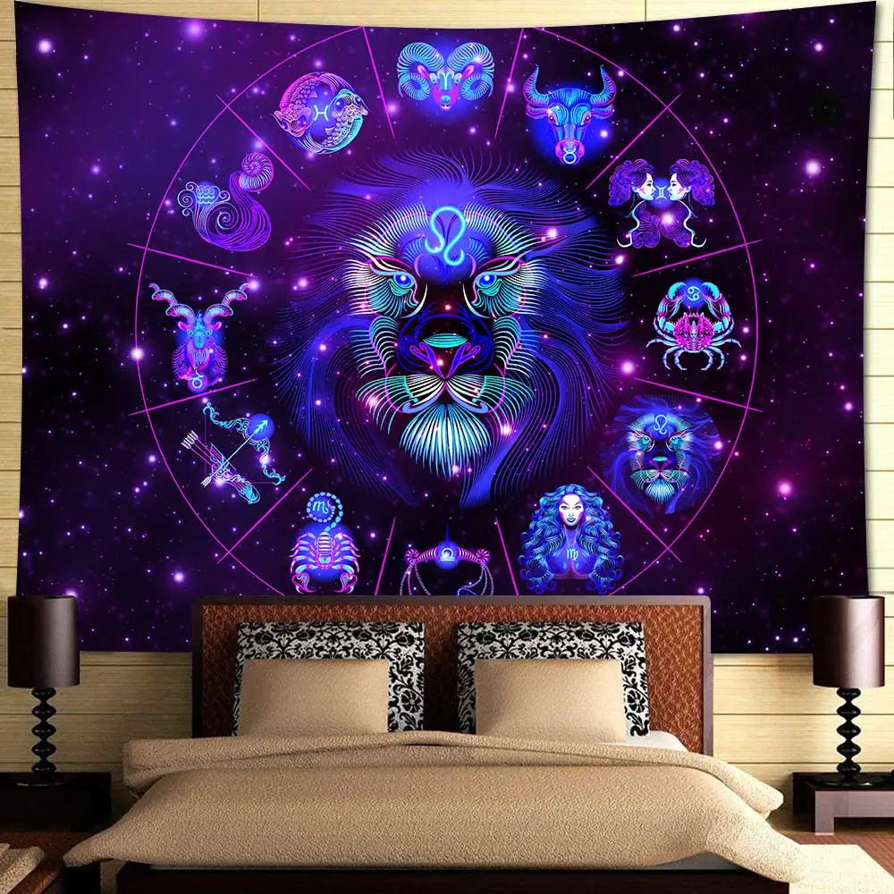 Simsant 12 Horoscope Tapestry Psychedelic Starry Sky Divination Art Wall Hanging  for Living Room Home Decor