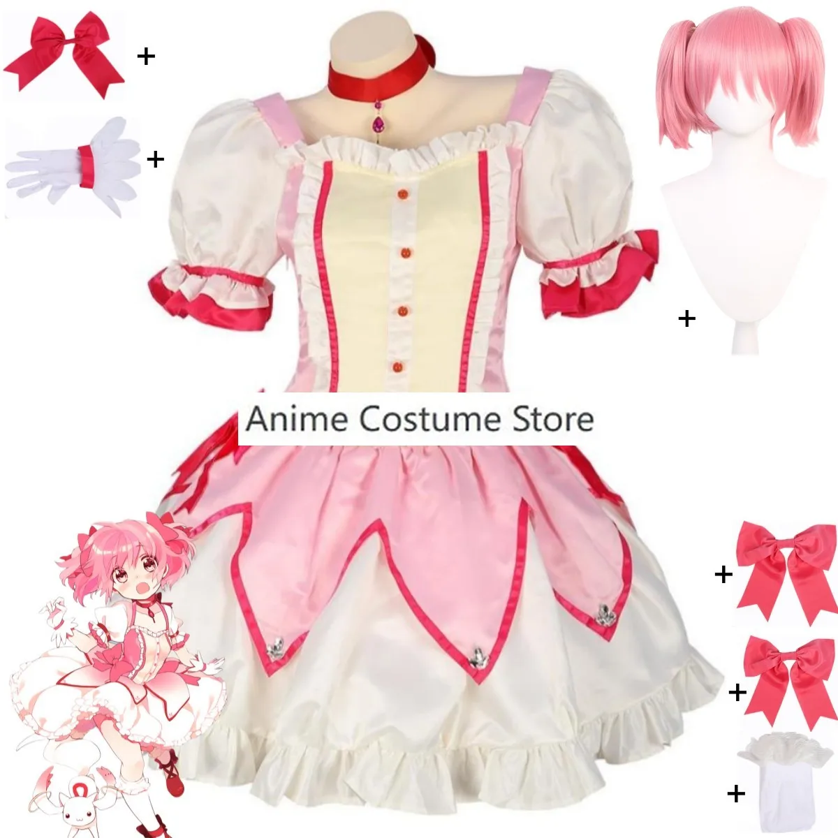 Anime Puella Magi Madoka Magica Kaname Madoka Cosplay Costume Pink Fluffy Skirt Princess Dress Wig Woman Lovely Carnival Suit