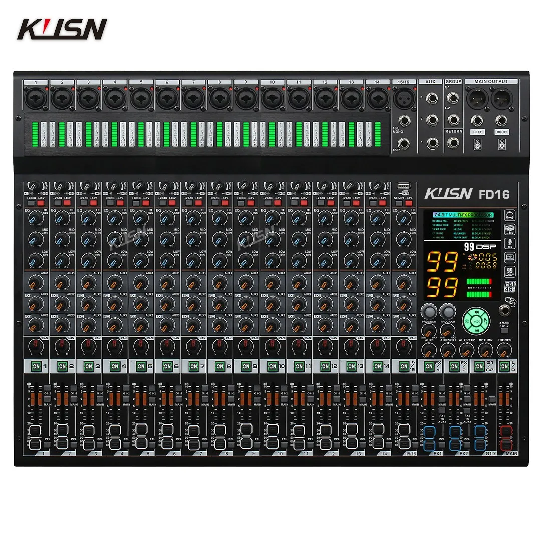 

16-канальный аудиомикшер 2*99 DSP 3 Group Aux Отправка цифровой профессиональной консоли Звуковой микшер Консоль с Bluetooth MP3 USB