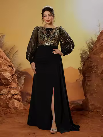 Mgiacy round-neck embroidered sequined mesh long-sleeved wedding dress satin skirt evening dress