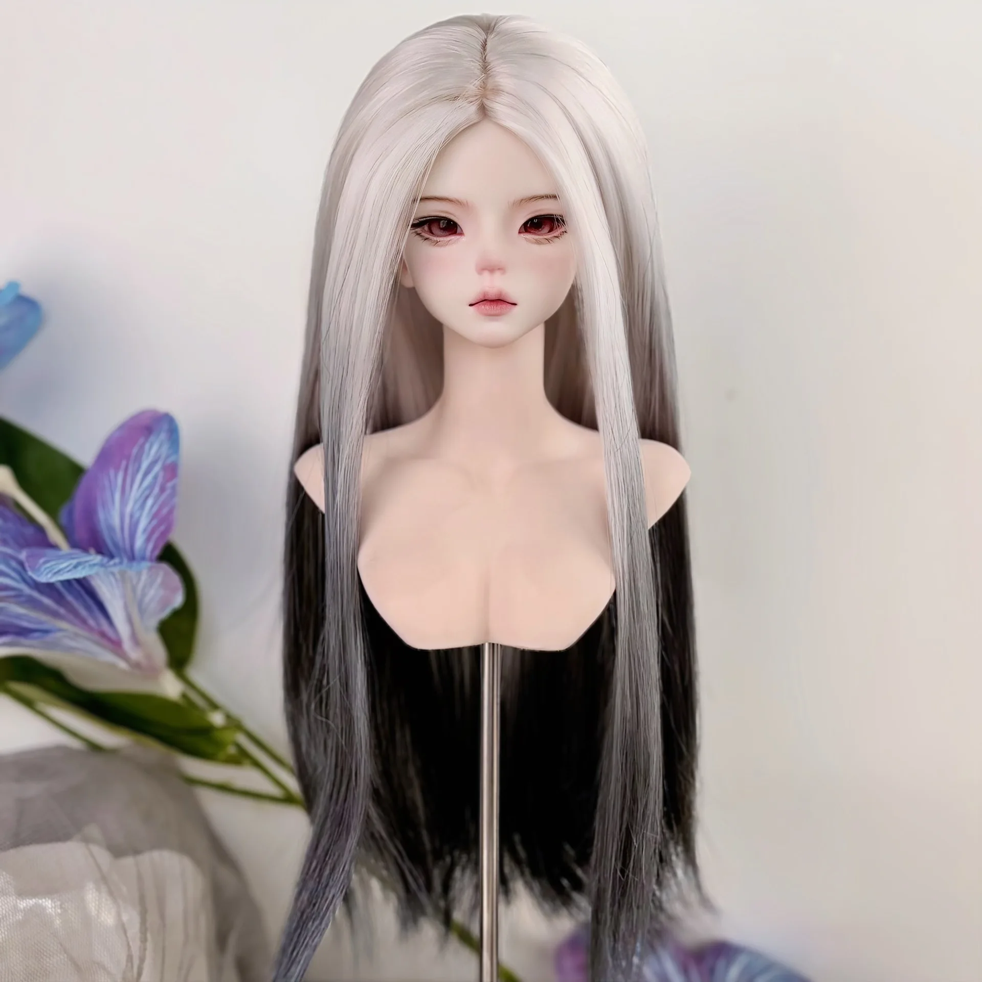Black White Ombre Center Part Long Straight Finished Wig 1/3 1/4 1/6 BJD Doll Wig Soft High Temp Silk Ready-to-Wear Doll Hair