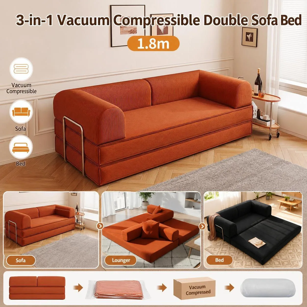 Image of 1,8 m 3-in-1 Chenille-Vakuumbett für Zuhause, komprimierbares Doppelsofa, klappbares Bodensofa, weiches Loveseat, Lazy Sofa für Wohnzimmer, Schlafzimmer, Büro