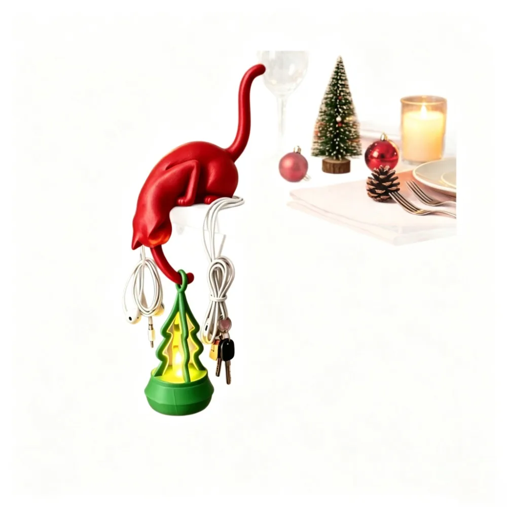 Cute Cat Hook Ornament Inverted Hanging Cartoon Christmas Tree Ornament Funny with Lantern Desk Decor Desktop Decor