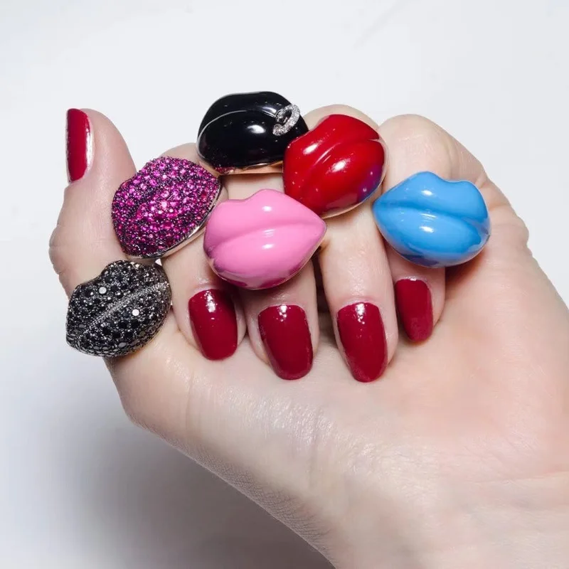 Colorful Oil Dripping Enamel Ring Irregular Crystal Lips Shaped Rings for Women Girls Sweet Cute Finger Jewelry Gift