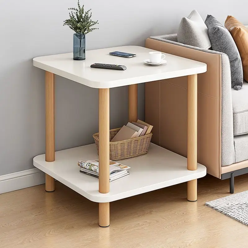 Double-layer small coffee table Solid wood edge table Living room small tea side cabinet Bedroom household