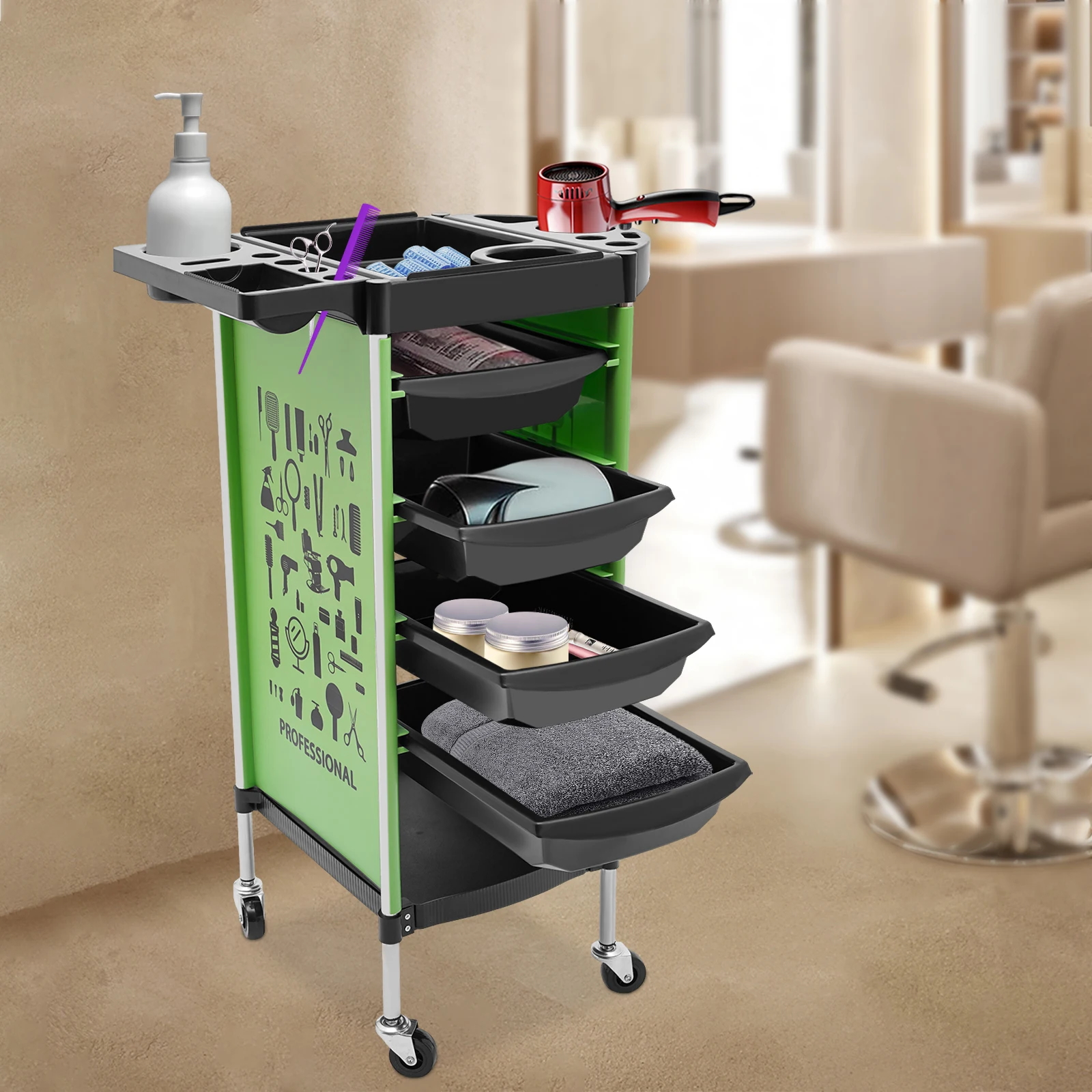 Carro de peluquería para estilistas con 4 cajones extraíbles, adecuado para salones de uñas, instituciones médicas, barberos, salones de belleza