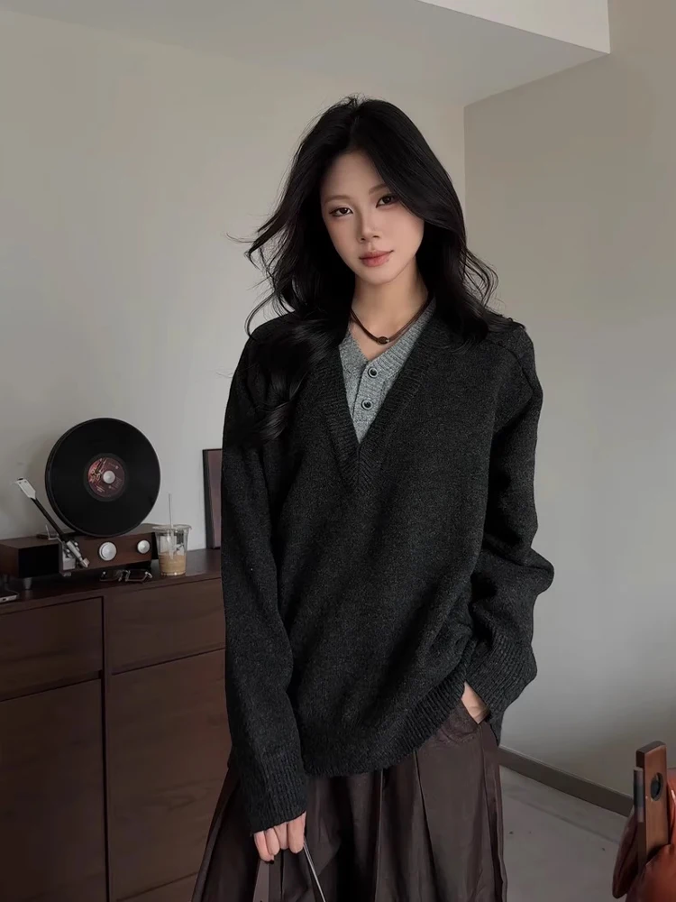 

Thiened V-Ne вязаный свитер, мужской осенне-зимний элитный теплый топ, искусственный двухсекционный свободный крой, длинная повседневная одежда све