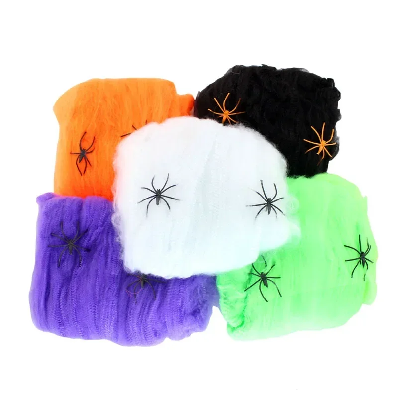 Künstliches Spinnennetz Halloween-Deko Buntes Baumwoll-Stretch-Spinnennetz mit Fake-Spinnen Gruselige Party-Dekoration Horrorhaus-Requisiten – Detail 2