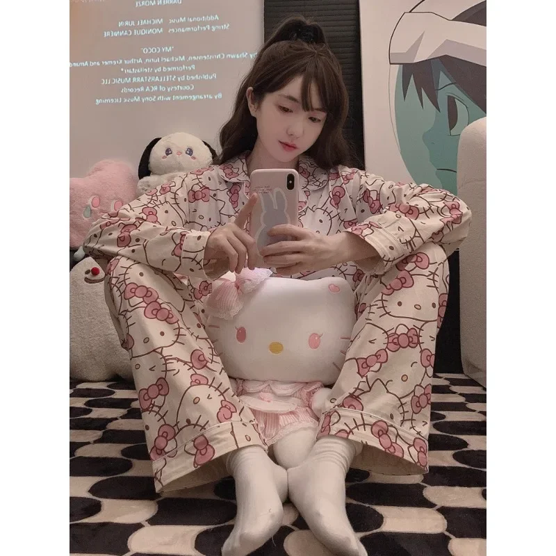 

Sanrio Kawaii Anime Hello Kitty Winter Pure Cotton Pajamas Set Cute Cartoon Girly Heart Loose Fitting Home Suit Gifts for Girls