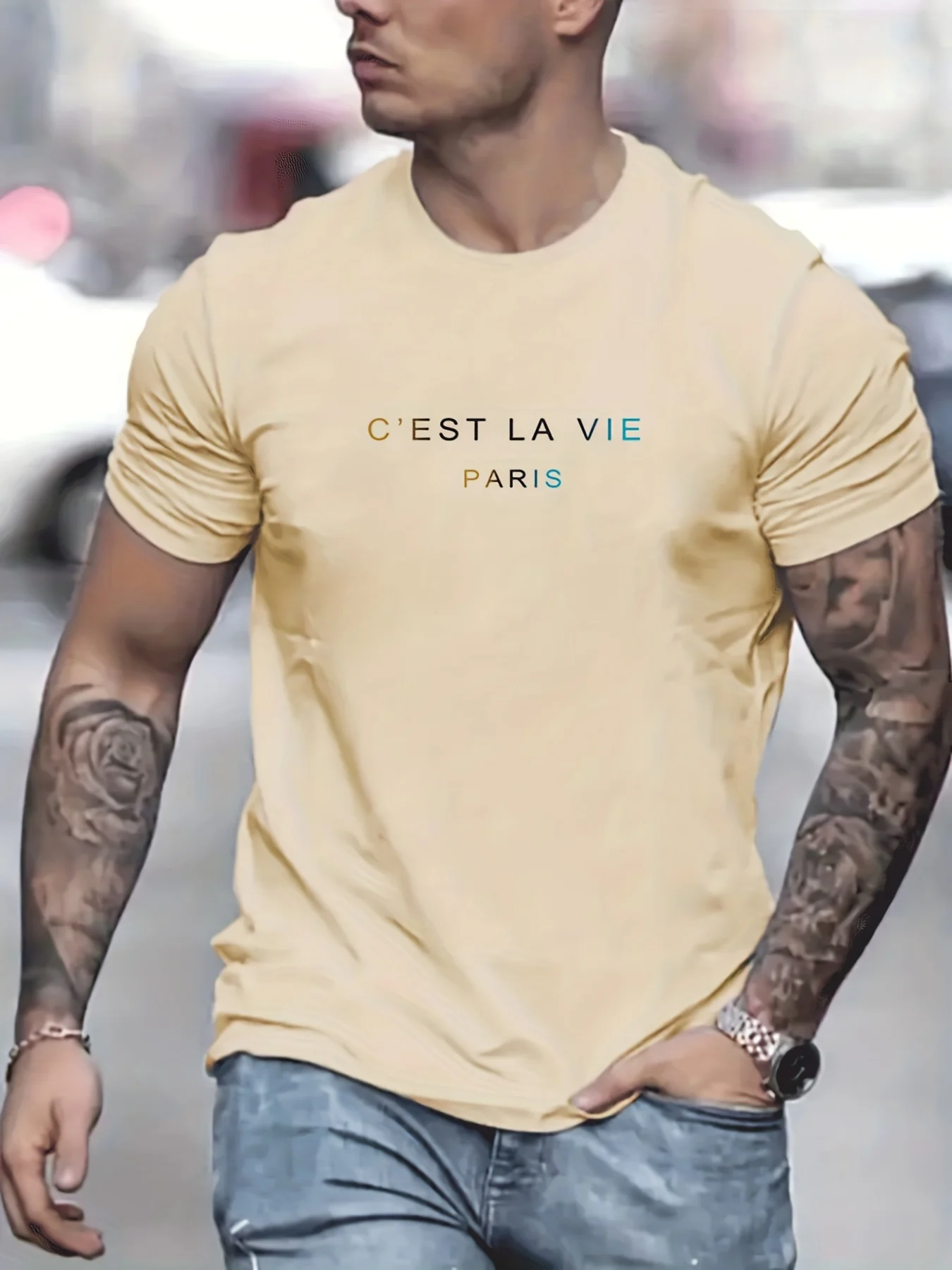 Men's summer 100% pure cotton fashionable casual loose Paris letter printed round neck short sleeved T-shirt top image 5