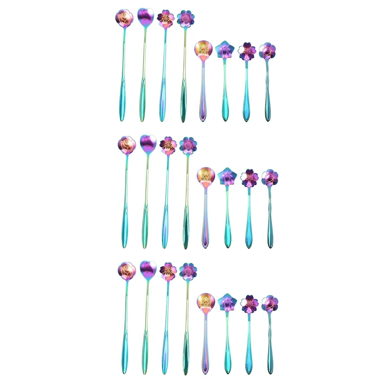 

24Pcs Flower Spoon Set, 2 Different Size Colorful Stainless Steel Teaspoons Rainbow Coffee Stirring Spoon