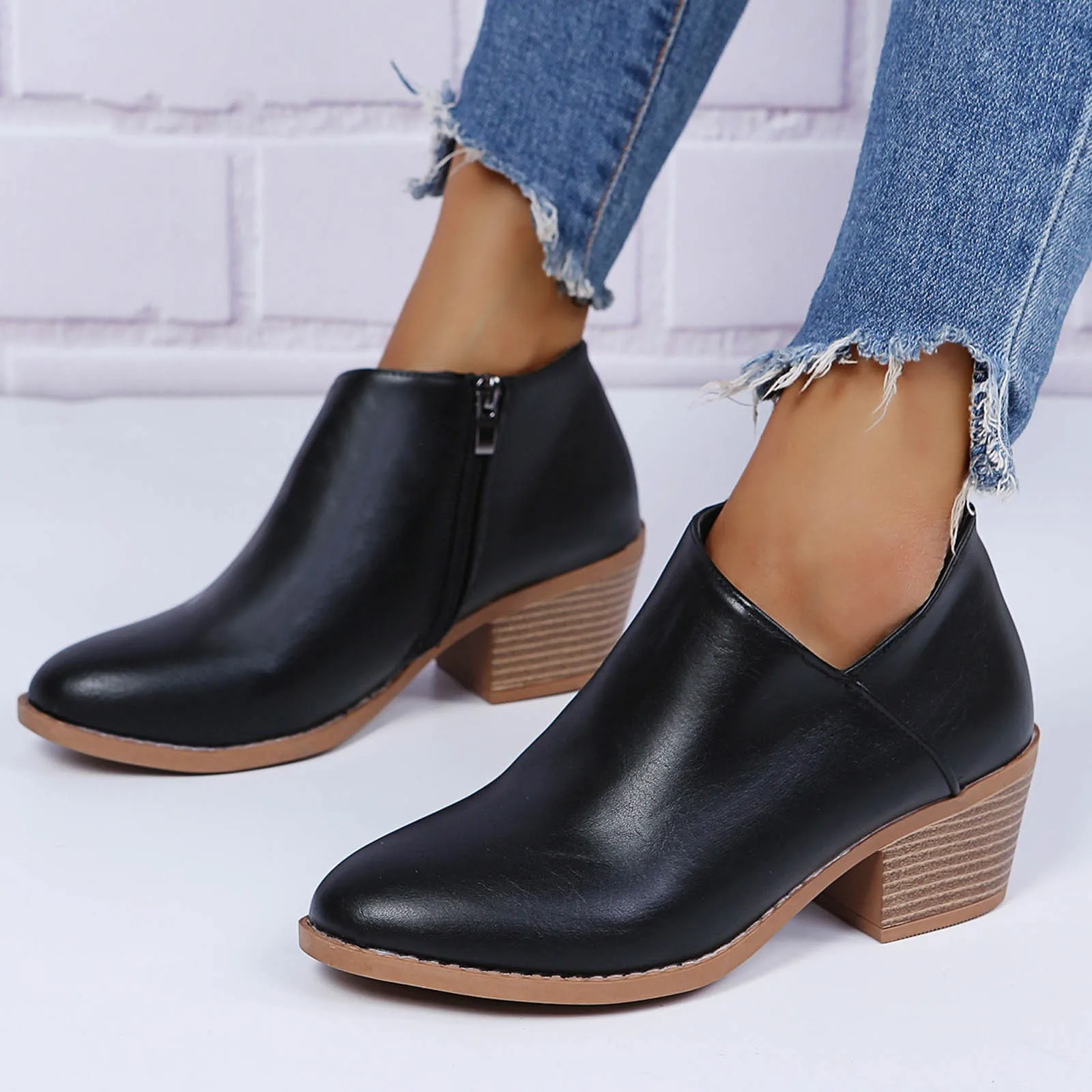 Fashion Ankle Boots For Women Dressy Wide Width Pointed Toe Chunky Heel Booties Casual Leather Botas Mujer 2024 Tendencia