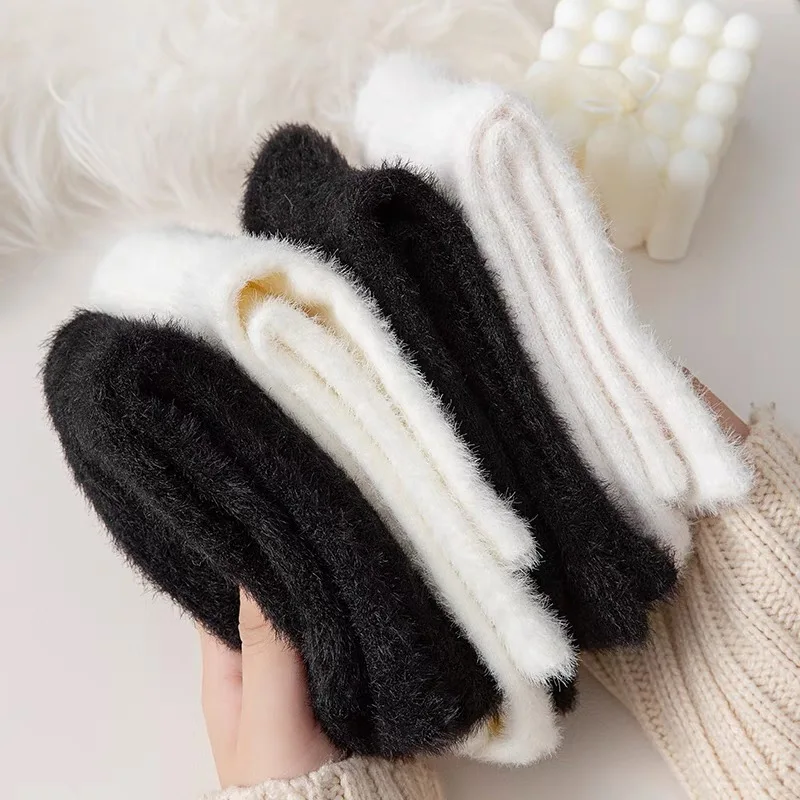 Harajuku Cute Mink Velvet White Black Socks Autumn Winter Elastic Thickened Plush Lovely Thermal Kawaii Coral Velvet Sleep Sock