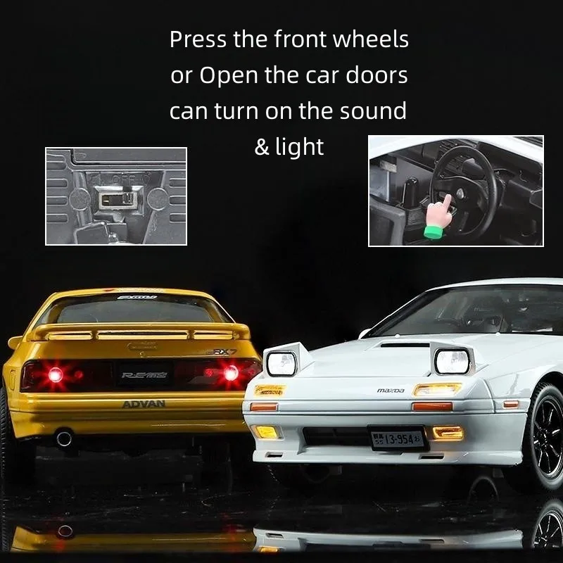 1/24 Mazda RX7 Initial D Racing Toy Car JDM Model 1:24 Diecast Meatl Vehicle Miniature Sound Light Collection Gift For Boy Kid