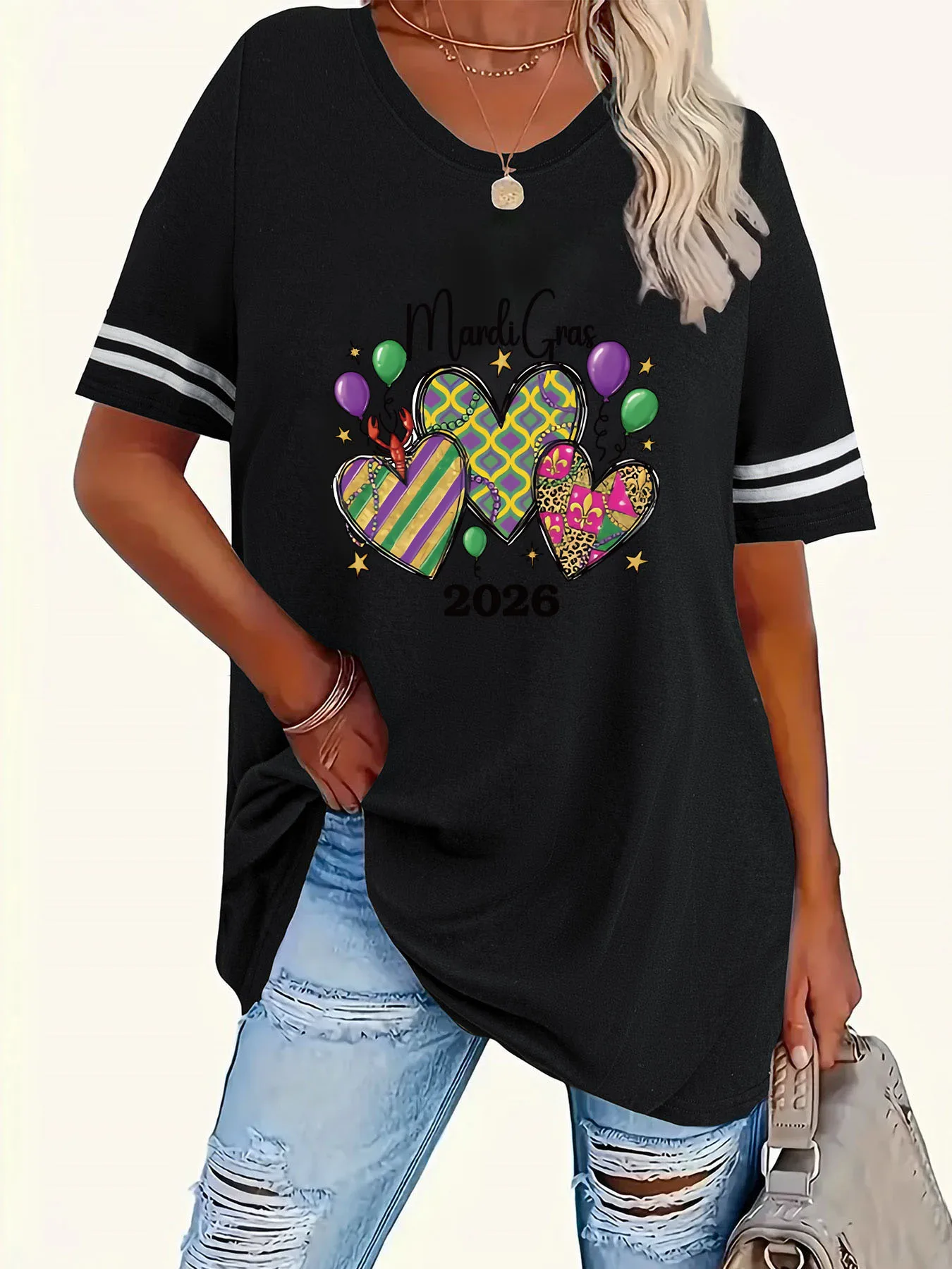 

plus Size Women's round Neck Short Sleeve Striped T-Shirt Printed 1-8XL Festival Celebration Casual Comfortable Fit Top