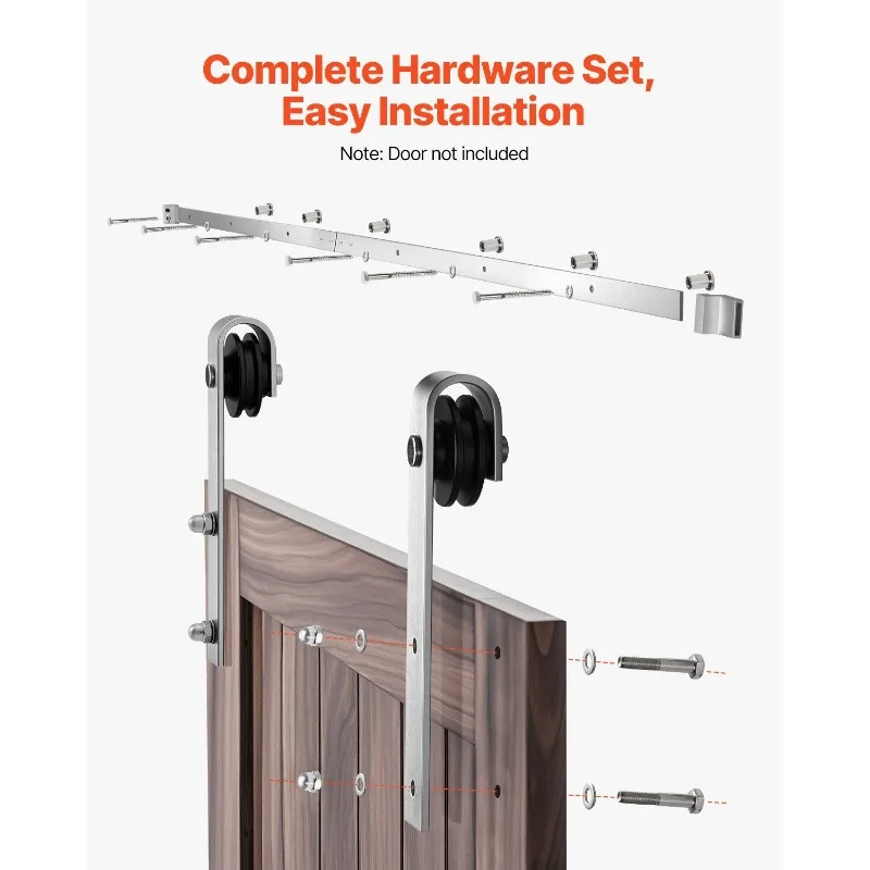 طقم أدوات باب الحظيرة المنزلقة بطول 8 أقدام لباب الحظيرة المنزلق الفردي باللون الفضي