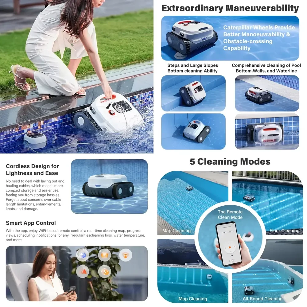 Cordless Robotic Pool Cleaner with WiFi App Control - Automatic Wireless Vacuum for Swimming Pool Floor & Wall Cleaning