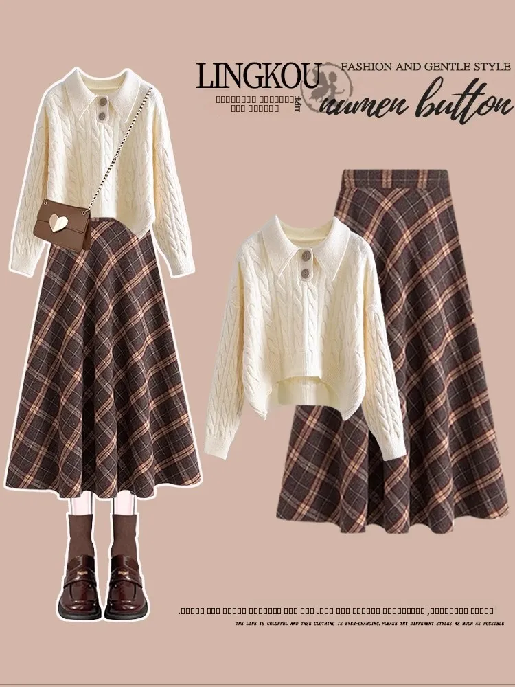 

Elegant plus Size Autumn Winter Set Women's Soft Knit Sweater High Waist Slimming Plaid Skirt Two Piece Ensemble