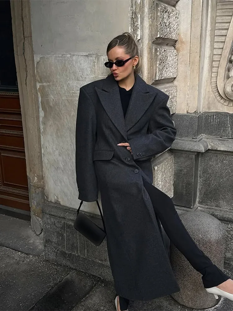 

Women Fashion Waist Cinching Woolen Overcoat Elegant Chic Lapel Long Sleeve Single Breasted Jacket Autumn Lady Commute Outerwear