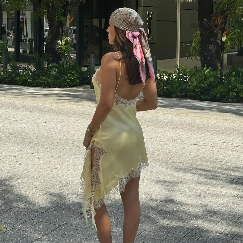 MUJER Satin Lace Slip Dress Woman Sexy Backless Mini Dress Women Asymmetric Evening Dresses for Women Yellow Black Women's Dress