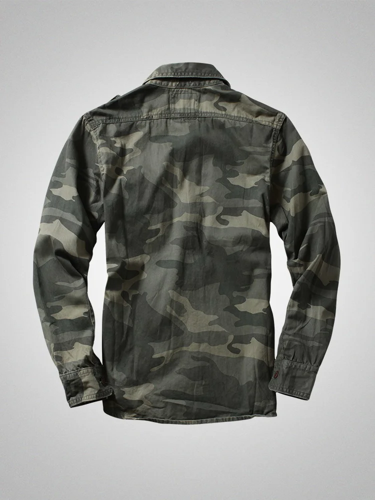 American Heavy Retro Men\'s Long Sleeved Camouflage Shirt Outdoor Cargo Casual Multi Pocket Work Shirt Coat for Male