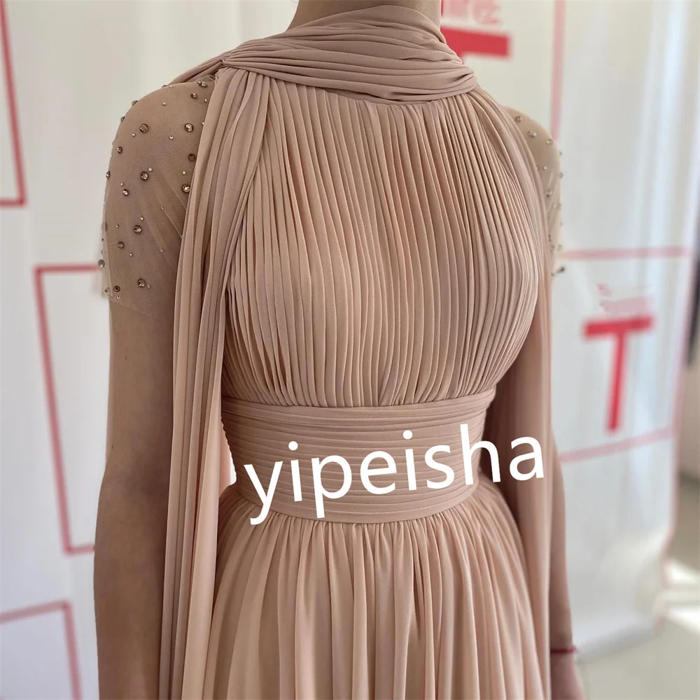 Chiffon Draped Pleat Beading Valentine's Day A-line High Collar Bespoke Occasion Gown Long Dresses