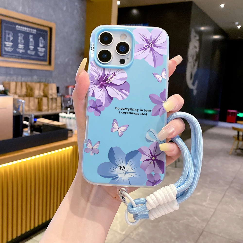 Purple Flower Butterfly 2 in1 Lanyard Jelly Phone Case For Samsung Galaxy S26 Ultra S25 S23 S24 FE A57 A56 A54 A55 A16 A07 Cover