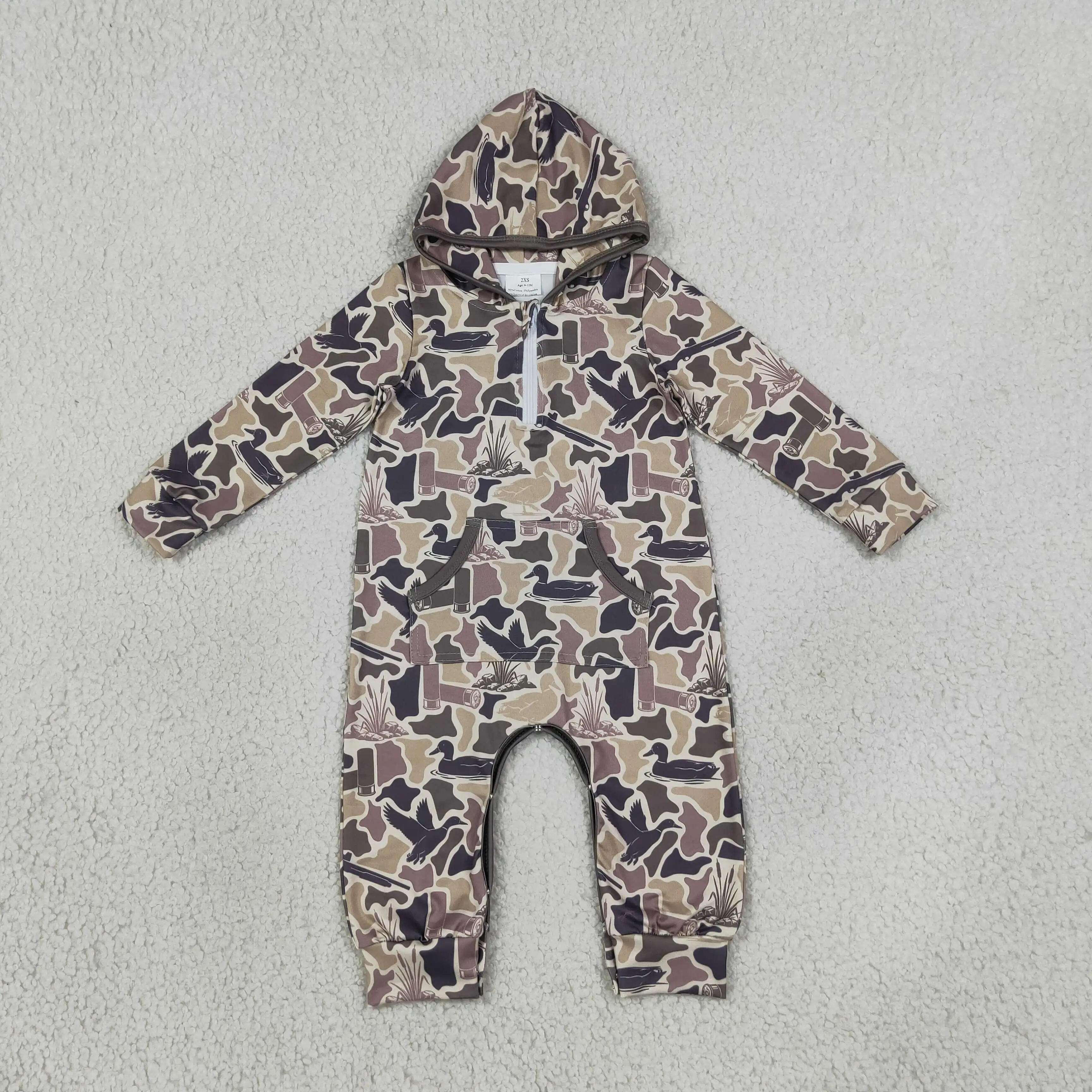 Wholesale Baby Boy Children Zipper Toddler Hoodie Pockets Ducks Bubble Romper Kids Infant Newborn Coverall Bodysuit Camo Clothes