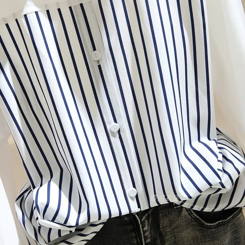 Women\'s Striped Shirt Long Sleeved Chiffon Shirt Loose Casual Shirt Korean Fashion Shirt Spring/Summer Shirts Blouses White