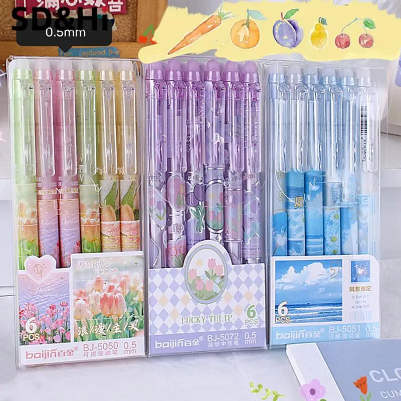 6PCS Erasable Neutral Pens Flower Landscape Design Gel Pen Kawaii Press Pen With Erasers For School Office Korean Stationery