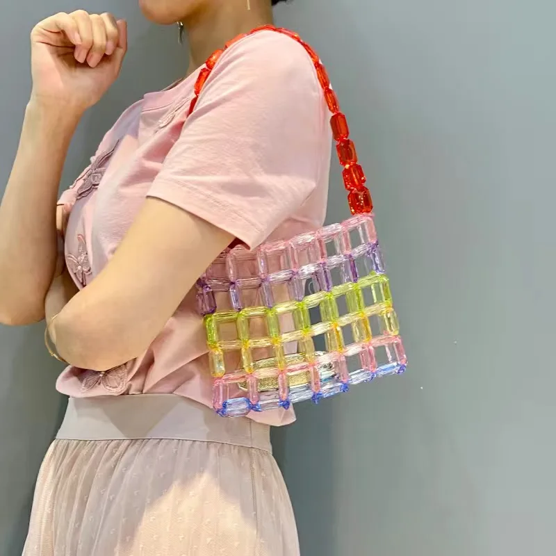 P56Summer Handmade Colorful Bag Designer Woven Handbags Crystal Transparency Bead Bag For Women 2023 Ladies Fashion Armpit Pouch