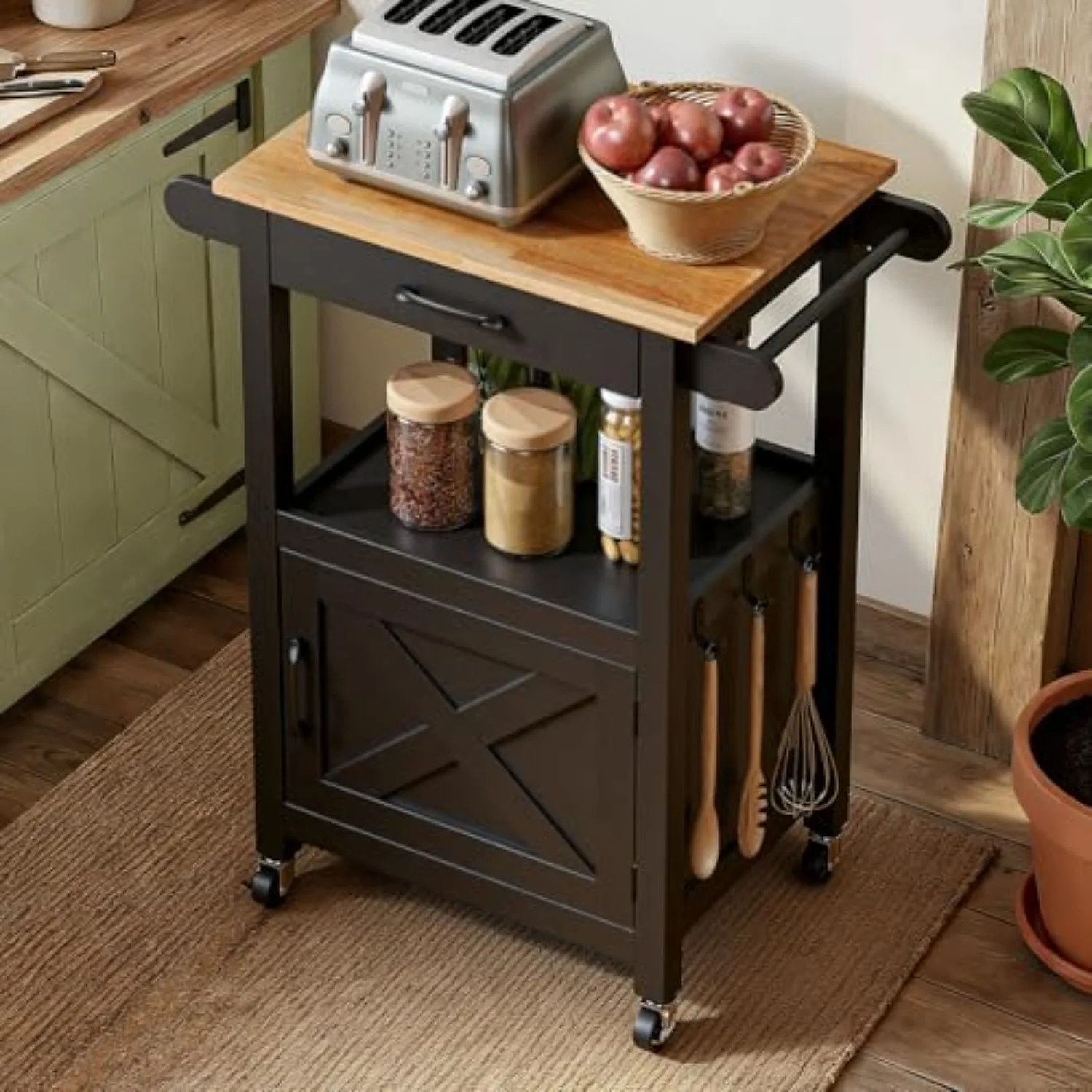 Small Kitchen Island Cart on Wheels with Storage, Black | 29"W Rolling Microwave Stand with Drawer,Open Shelf, Towel