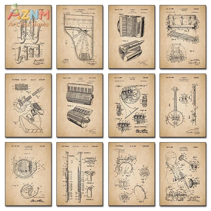 AZNM Vintage Musical Instrument Patent Canvas Print, Frameless Retro Blueprint Music Wall Poster, Antique Technical Drawing Artw