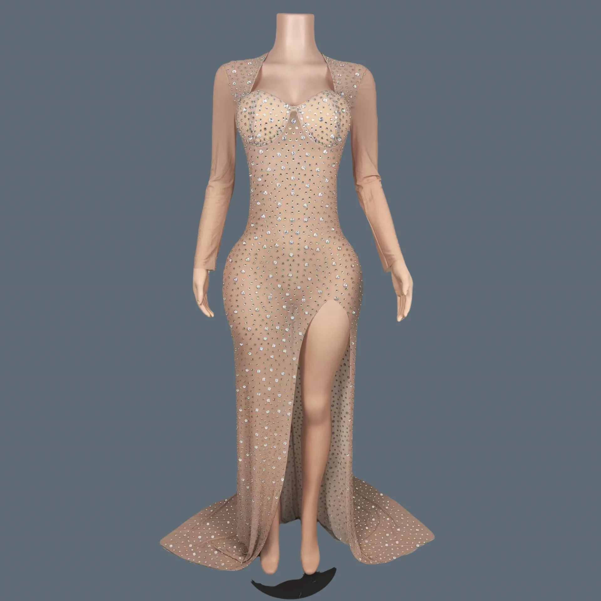 Elegant Nude Mesh High Side Slits Floor-length Dress Sparkly Rhinestone Evening Dress Gala Prom Red Carpet Evening Gown Haifeng